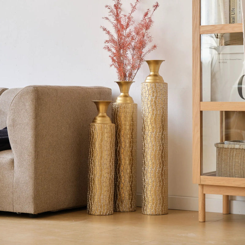 Metal Decorative Vases High Distress Metal Center Vases With Growing Vine Patterns, (Set of 3) Vases For Home Decoration - Gold by HouseOfZazla
