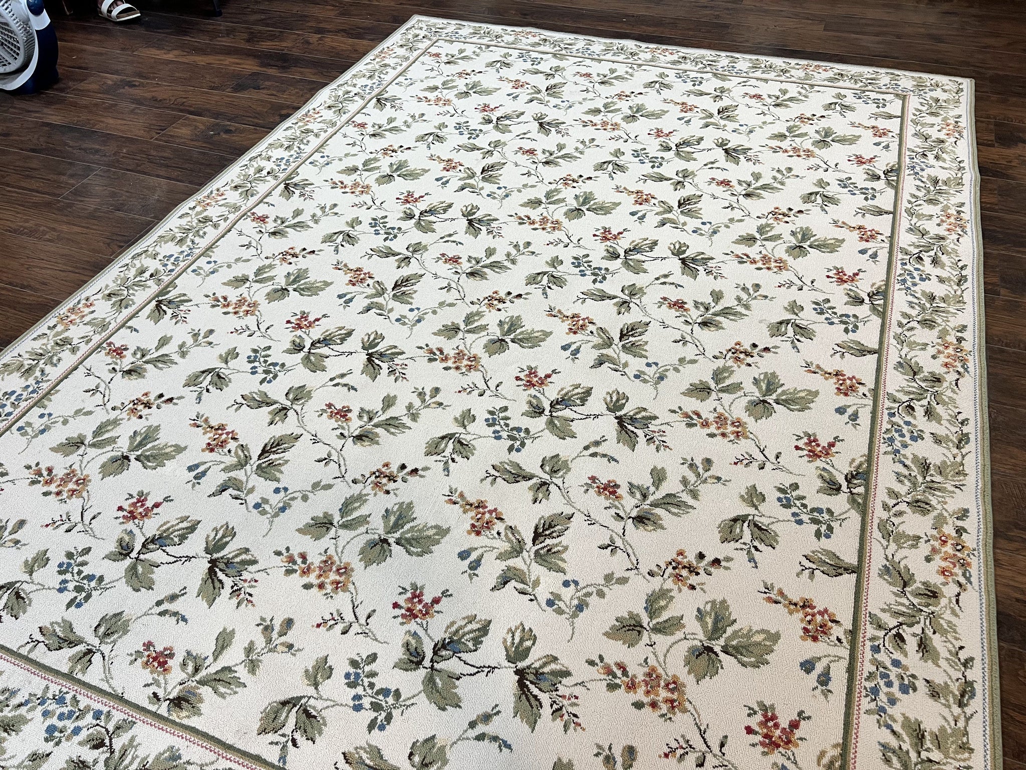Vintage Stark Carpet 7x10, Ivory and Green, European Aubusson Design, Allover Pattern, Stark Rug by Jewel Rugs