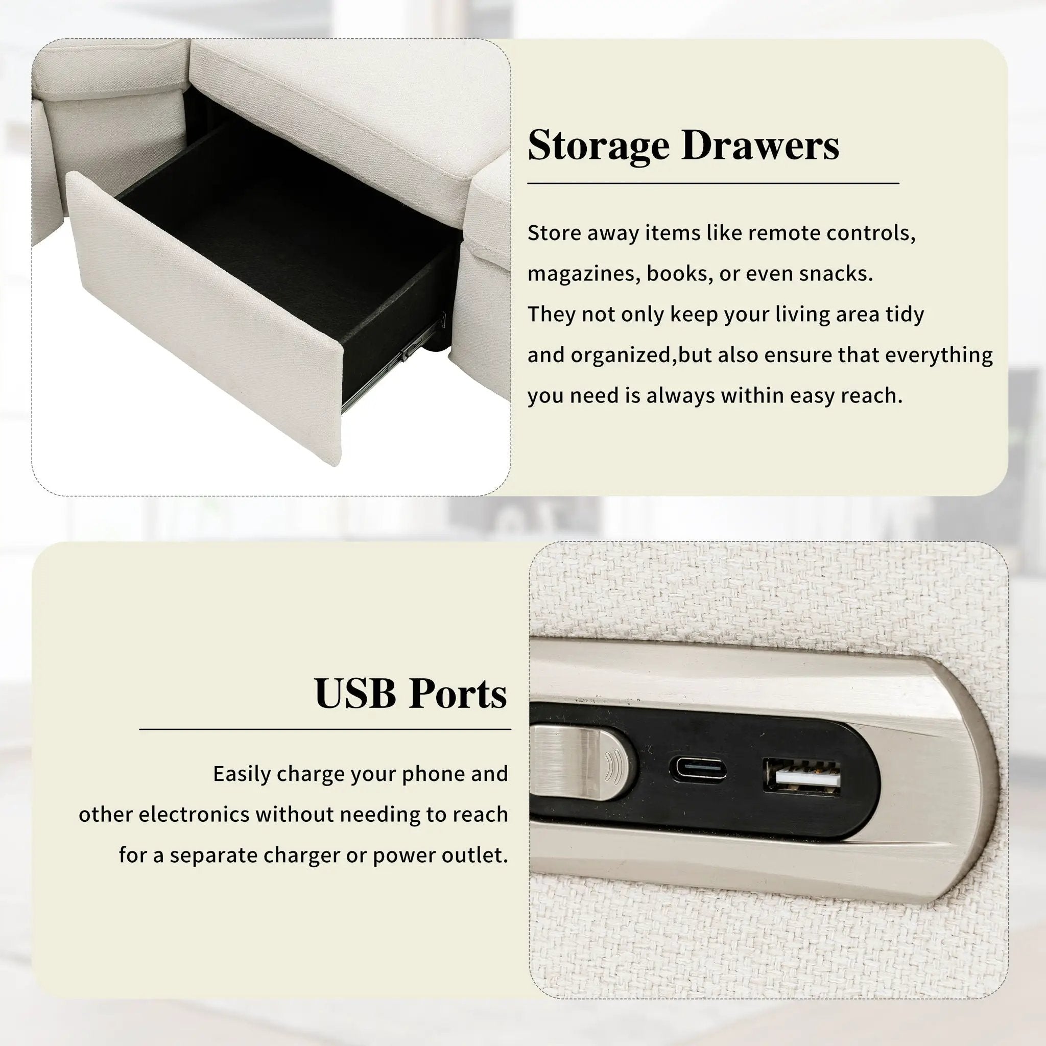Power Recliner Sectional Sofa Home Theater Reclining Sofa With Two USB Ports, Two Storage Drawers For Living Room by Unique Piece Furniture