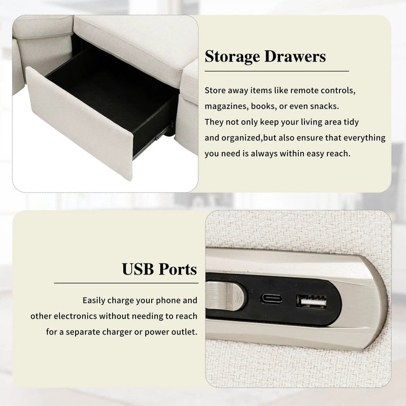 Power Recliner Sectional Sofa Home Theater Reclining Sofa With Two USB Ports, Two Storage Drawers For Living Room by Unique Piece Furniture