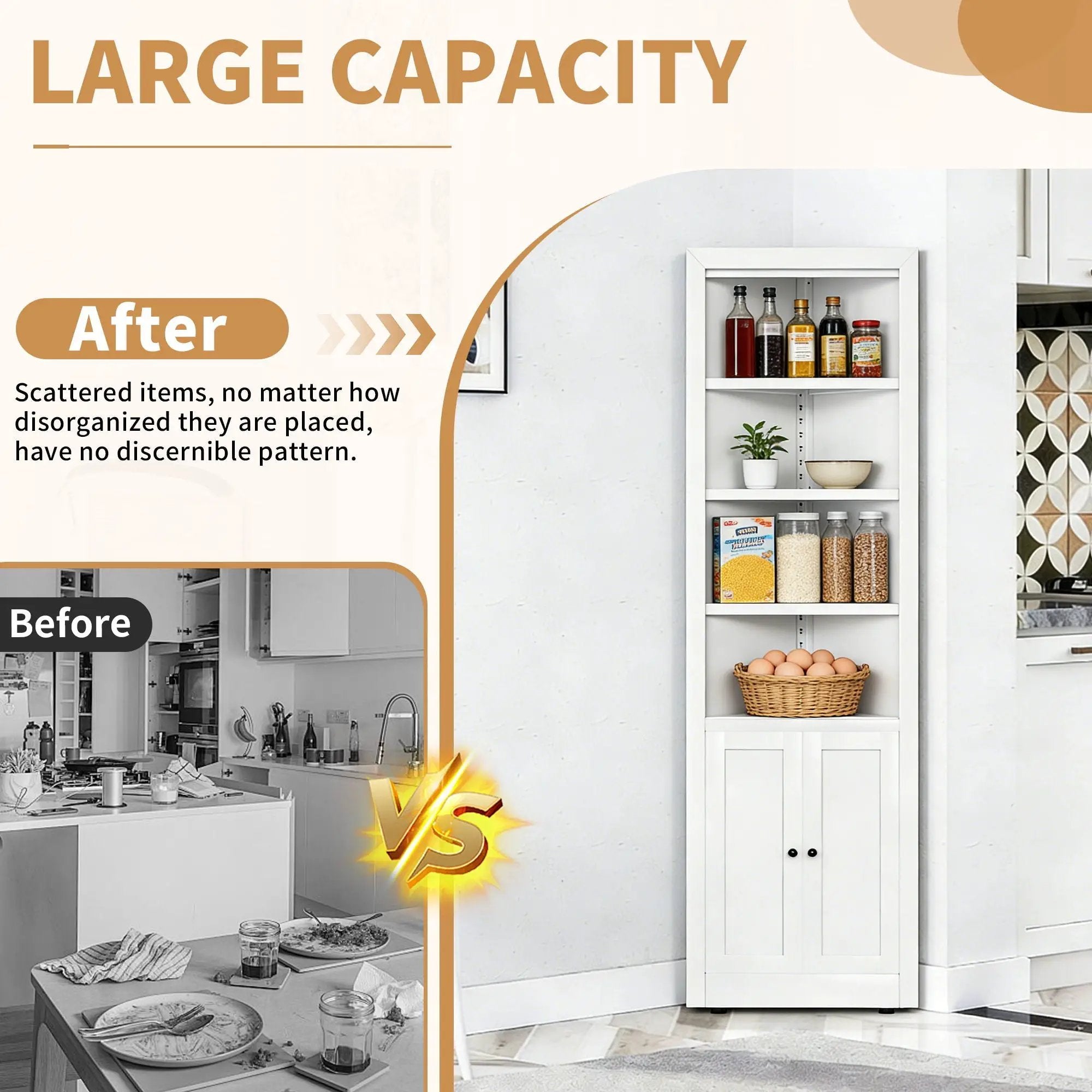 Tall Corner Storage Cabinet With 2 Doors, 5-Tier With Adjustable Shelve, Freestanding - White by Unique Piece Furniture