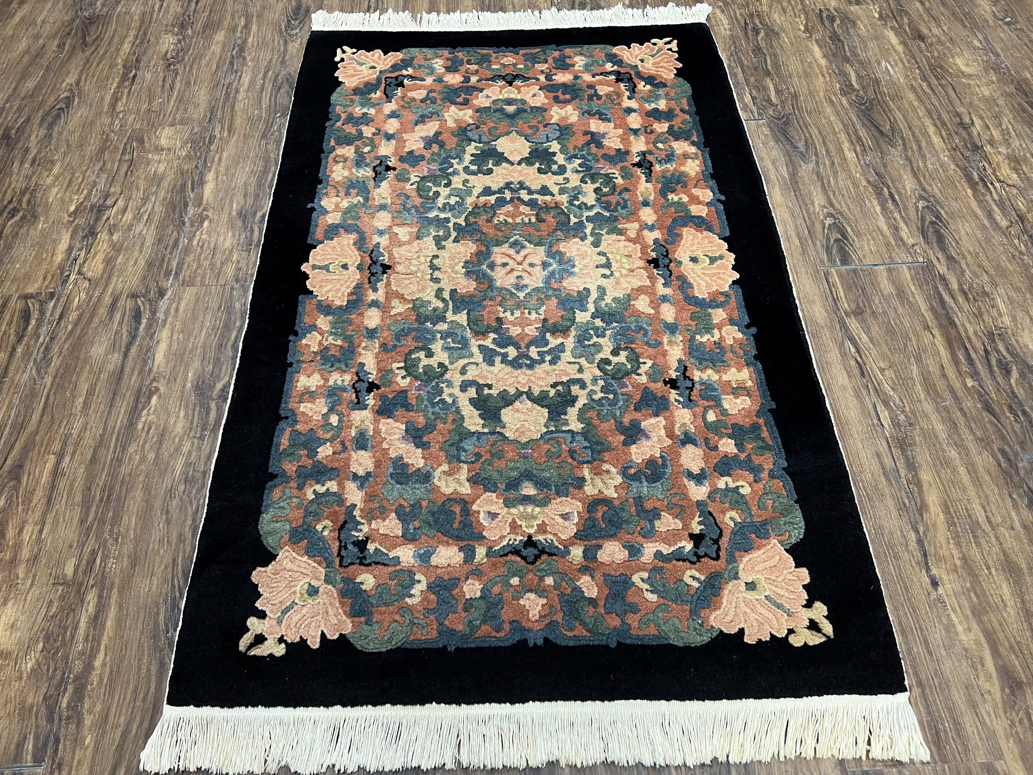 Chinese Art Deco Rug 3x5, Black and Beige Chinese Carpet 3 x 5, Vintage Rug, 1950s Rug, Floral Rug, Handmade Rug, Art Deco Rug, Wool Rug by Jewel Rugs