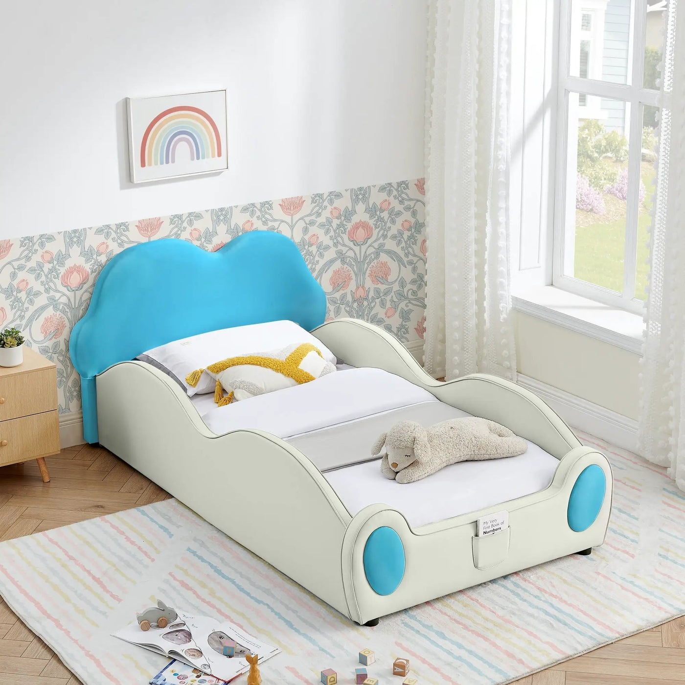 Cute Cloud Shape Bed With Guardrails Cartoon Design, Storage Pocket by HouseOfZazla