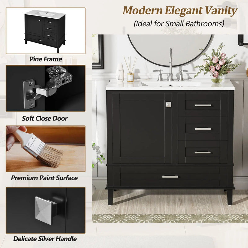 Bathroom Vanity, Modern Bathroom Cabinet With Sink Combo Set, Bathroom Storage Cabinet With A Soft Closing Door And 3 Drawers, Solid Wood Frame by Unique Piece Furniture