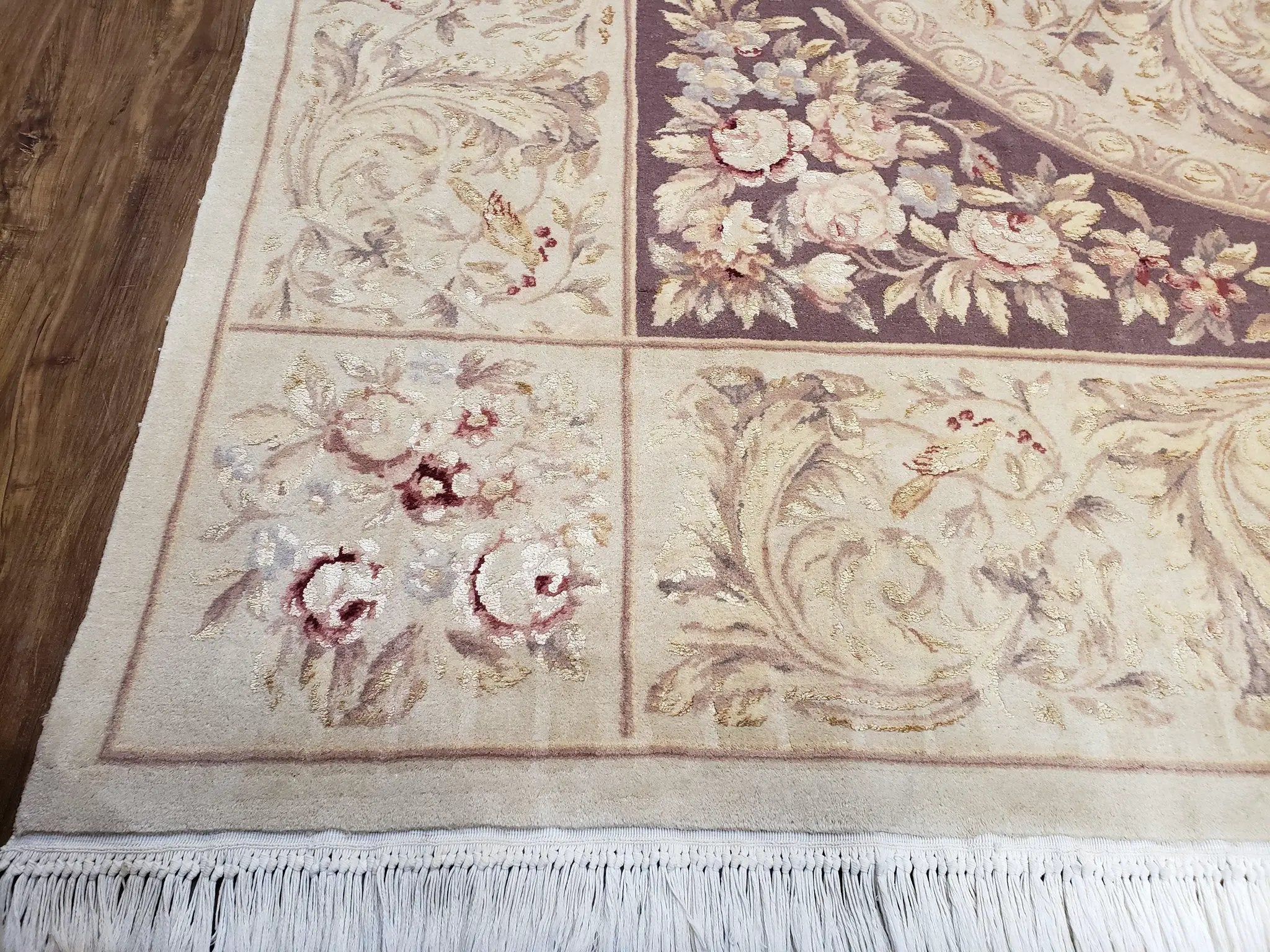 Chinese Aubusson Savonnerie Area Rug 8x12, Vintage 120 Line Carpet, Wool and Silk Hand-Knotted, Birds Flowers Master Weaver Signature by Jewel Rugs