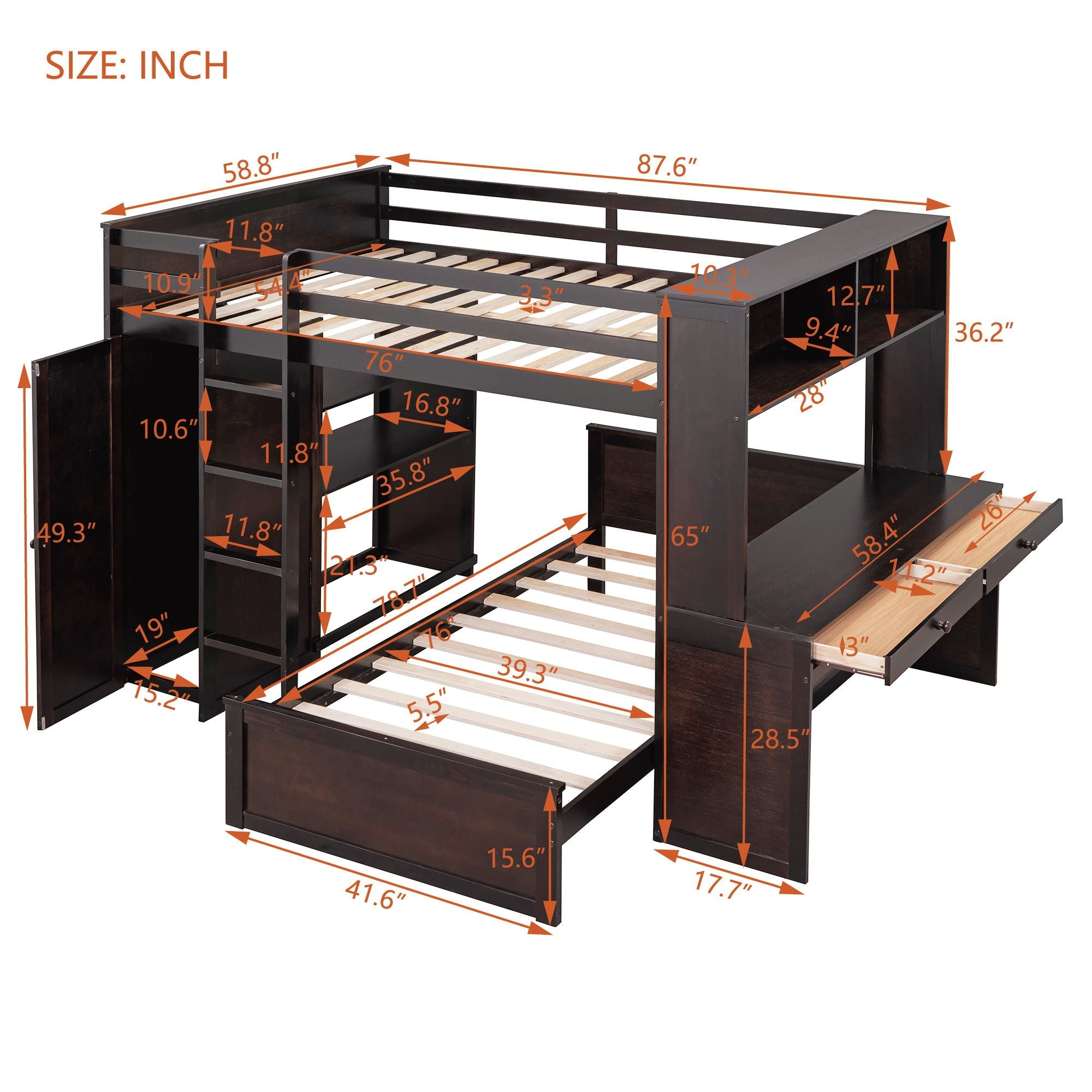 Loft Bed With A Twin Size Standalone Bed, Shelves, Desk, And Wardrobe by HouseOfZazla