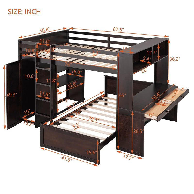 Loft Bed With A Twin Size Standalone Bed, Shelves, Desk, And Wardrobe by HouseOfZazla