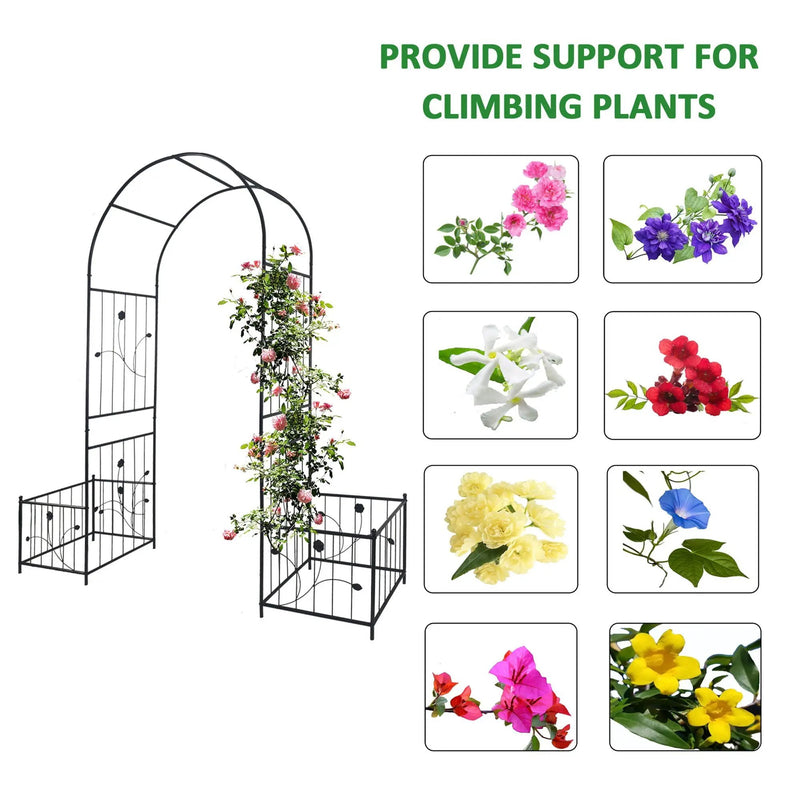 Metal Garden Arch With Two Plant Stands Wide High Climbing Plants Support Rose Arch Outdoor - Black by HouseOfZazla