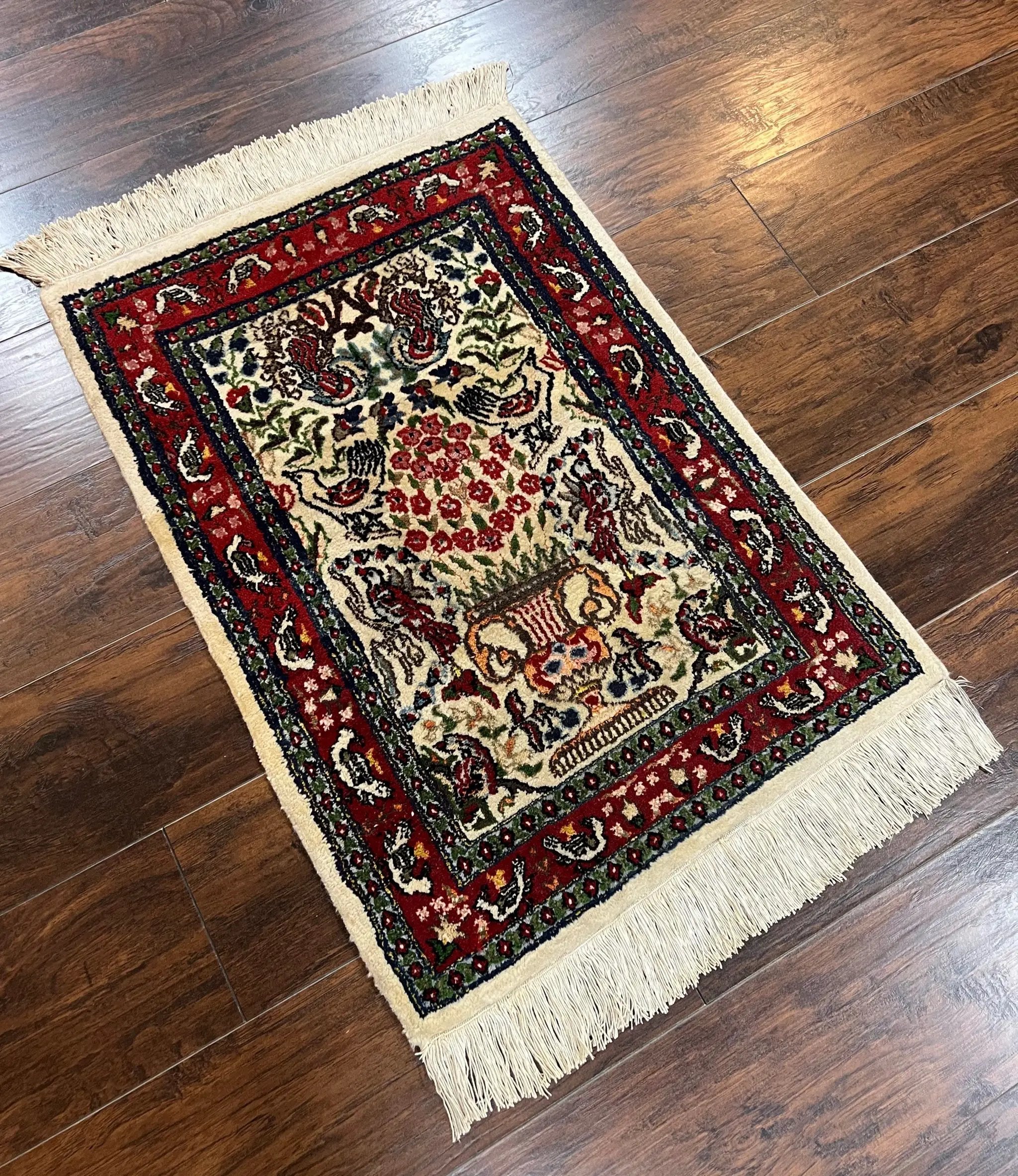 Small Indo Persian Rug 2x3 ft, Wool with Silk Highlights, Animal Pictorials, Birds by Jewel Rugs