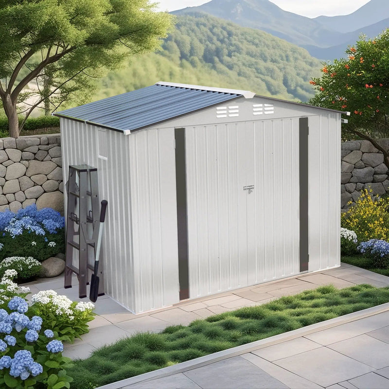 Outdoor Garden Storage Shed, Tool Shed With Pitched Roof Waterproof With 1 Window And 2 Lockable Door - White / Gray by HouseOfZazla