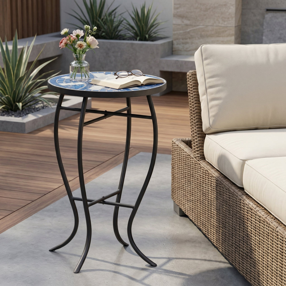Outdoor Round Side Table with Mosaic-Style Top - White+Blue