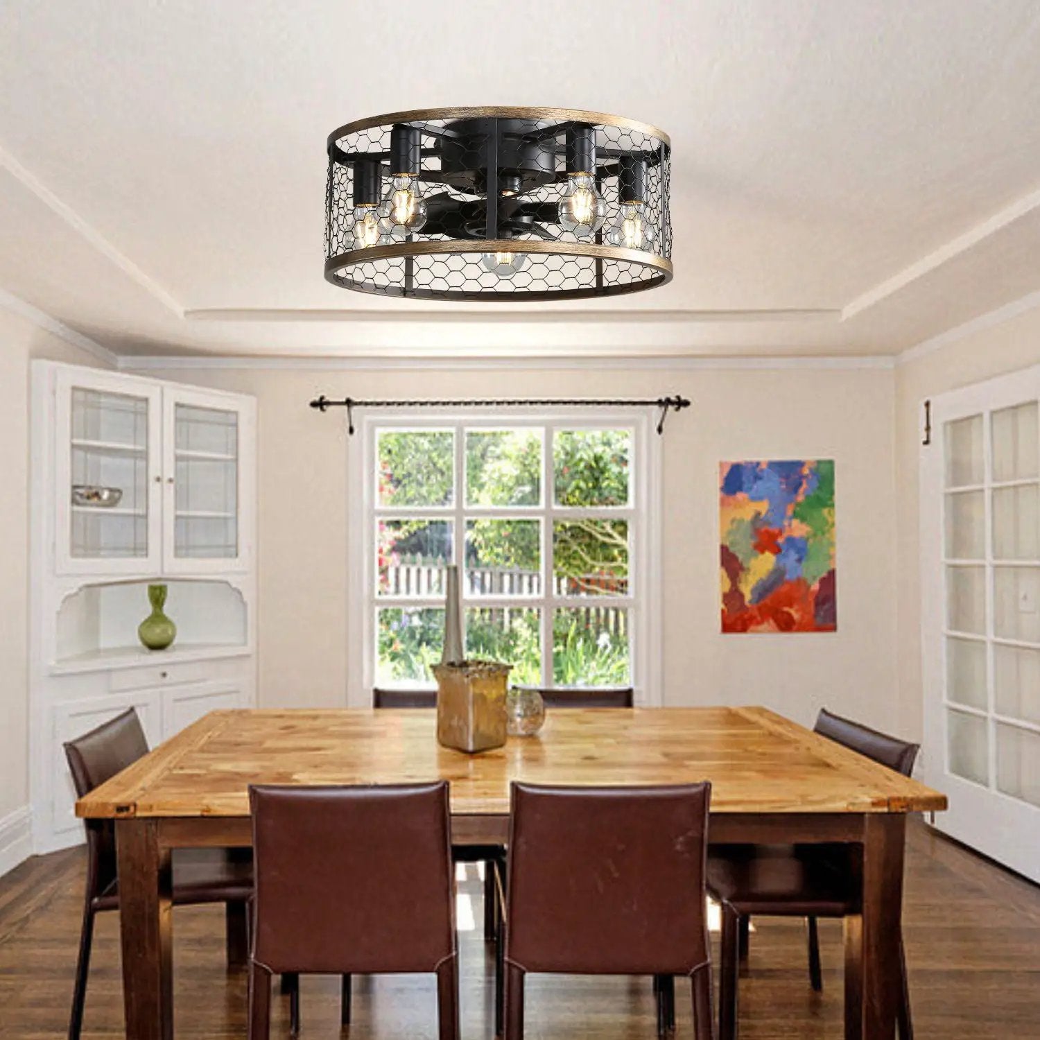 20" Industrial Caged Ceiling Fan, With 7 - ABS Blades Remote Control Reversible DC Motor, Small Flush Mount Ceiling Fan For Farmhouse - Black by Unique Piece Furniture