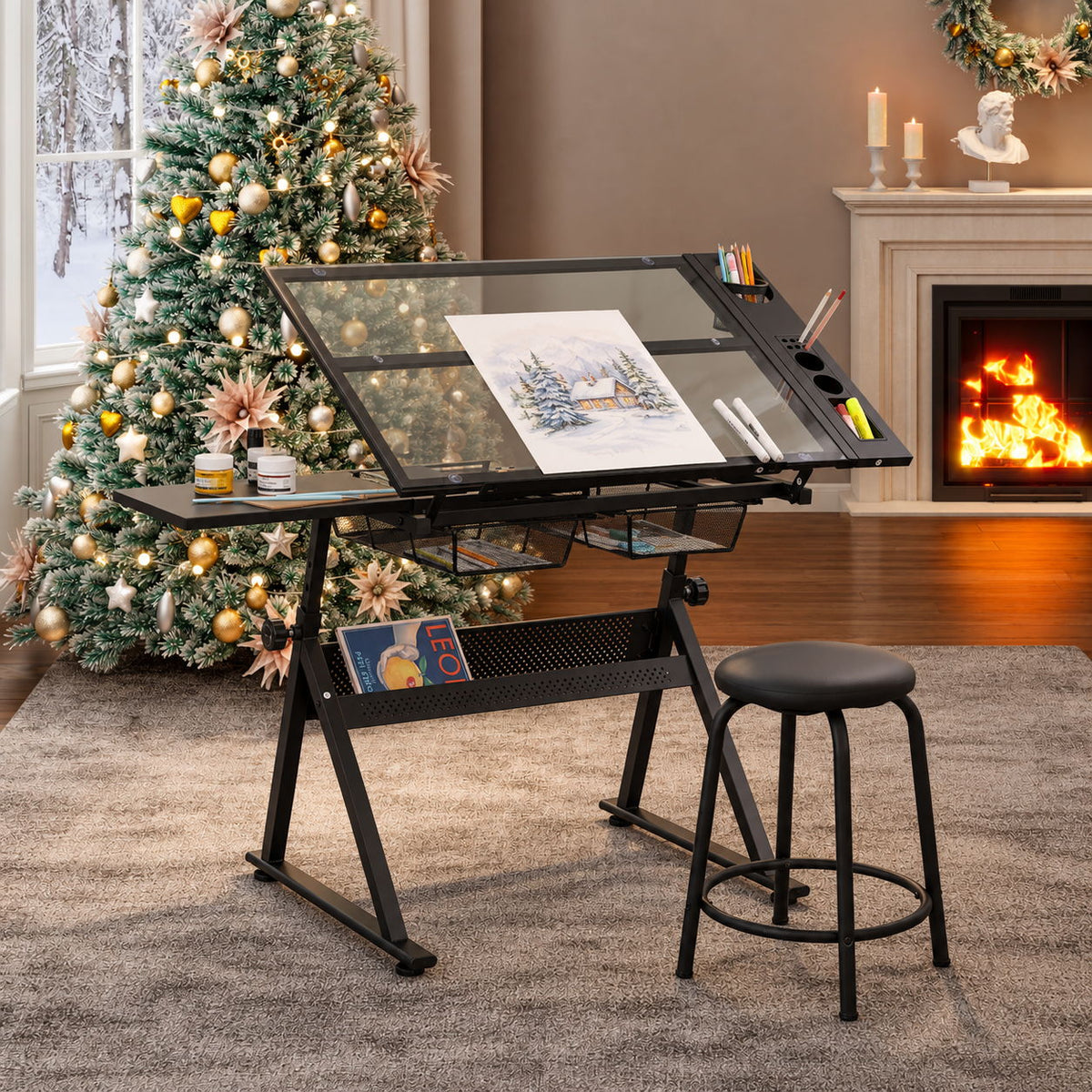 Adjustable Tempered Glass Drafting Printing Table With Chair, photo 2 of 14