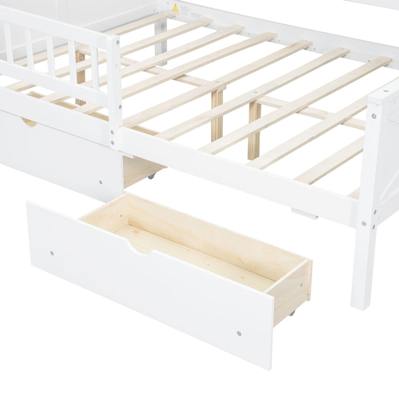 House Style Platform Bed With LED Lights, Storage Shelves, Drawers, And Guardrail by HouseOfZazla