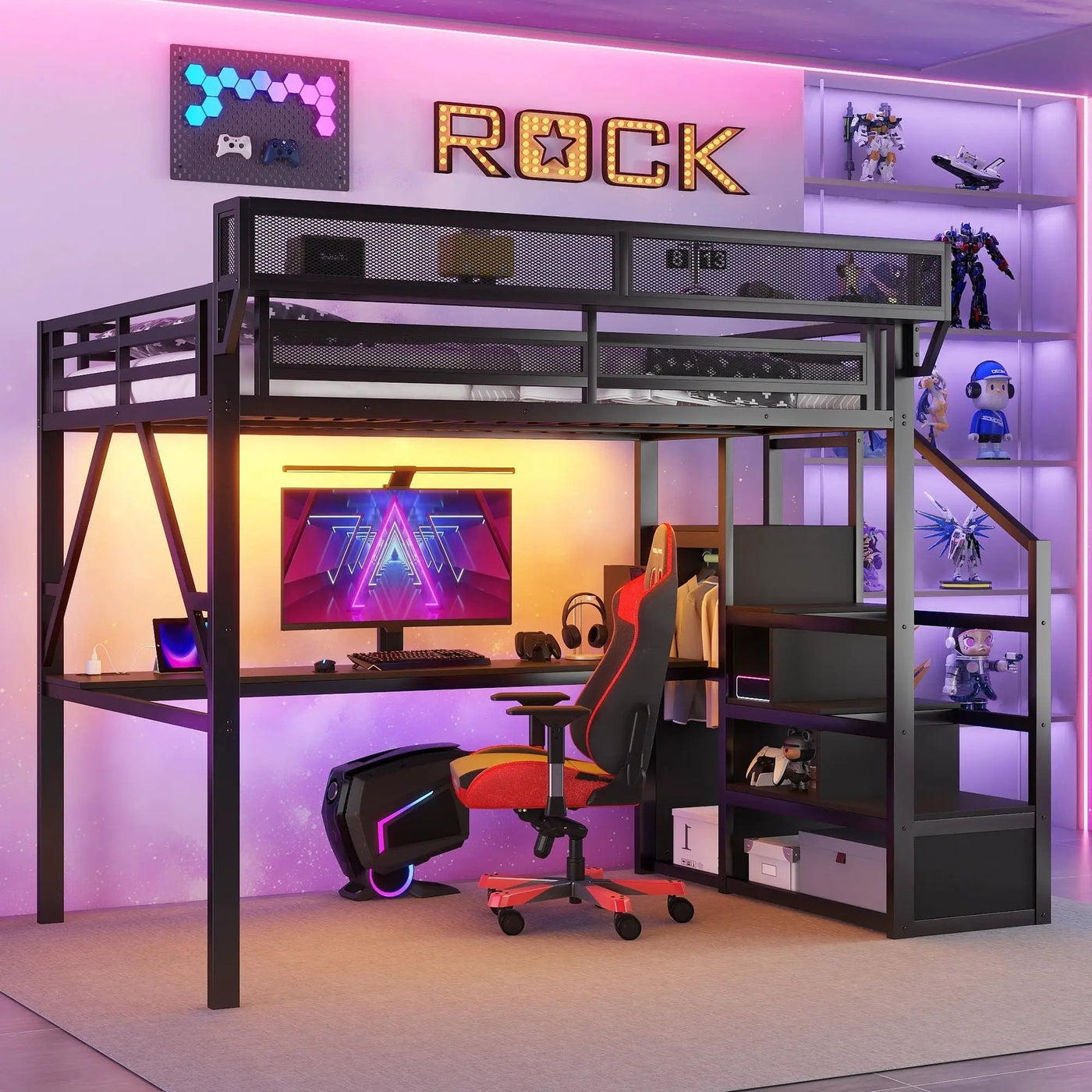 Loft Bed With Desk And Charging Station With Stairs And Light by HouseOfZazla