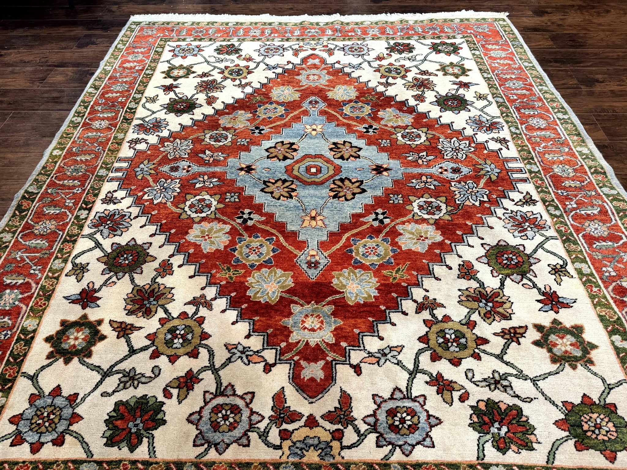 Indo Persian Heriz Rug 7x9, Geometric Pattern, Cream & Light Red, Handmade Vintage Wool Carpet by Jewel Rugs