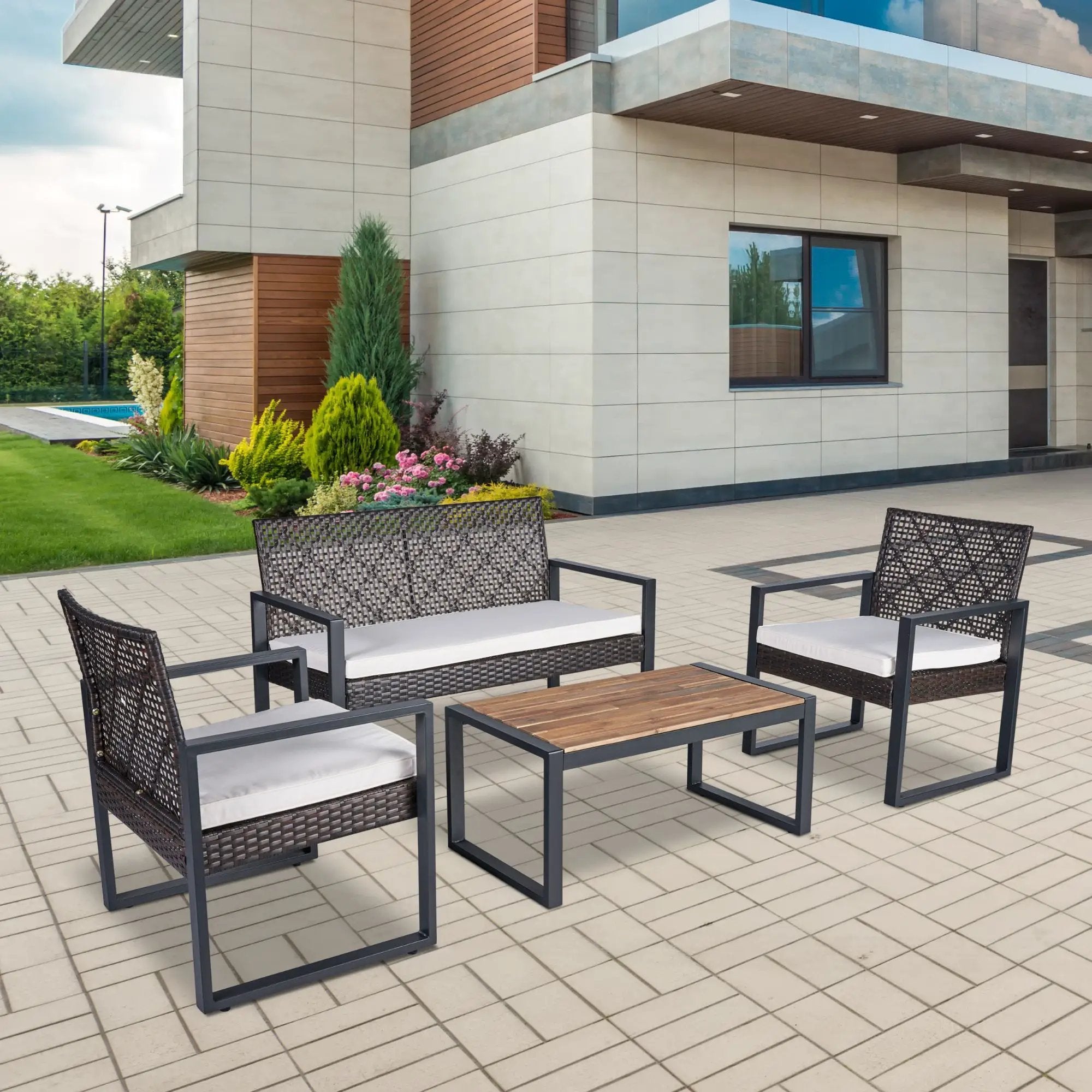 4 Piece Patio Furniture Set With Acacia Wood Table Top And Cushions by HouseOfZazla
