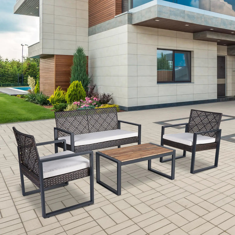 4 Piece Patio Furniture Set With Acacia Wood Table Top And Cushions by HouseOfZazla