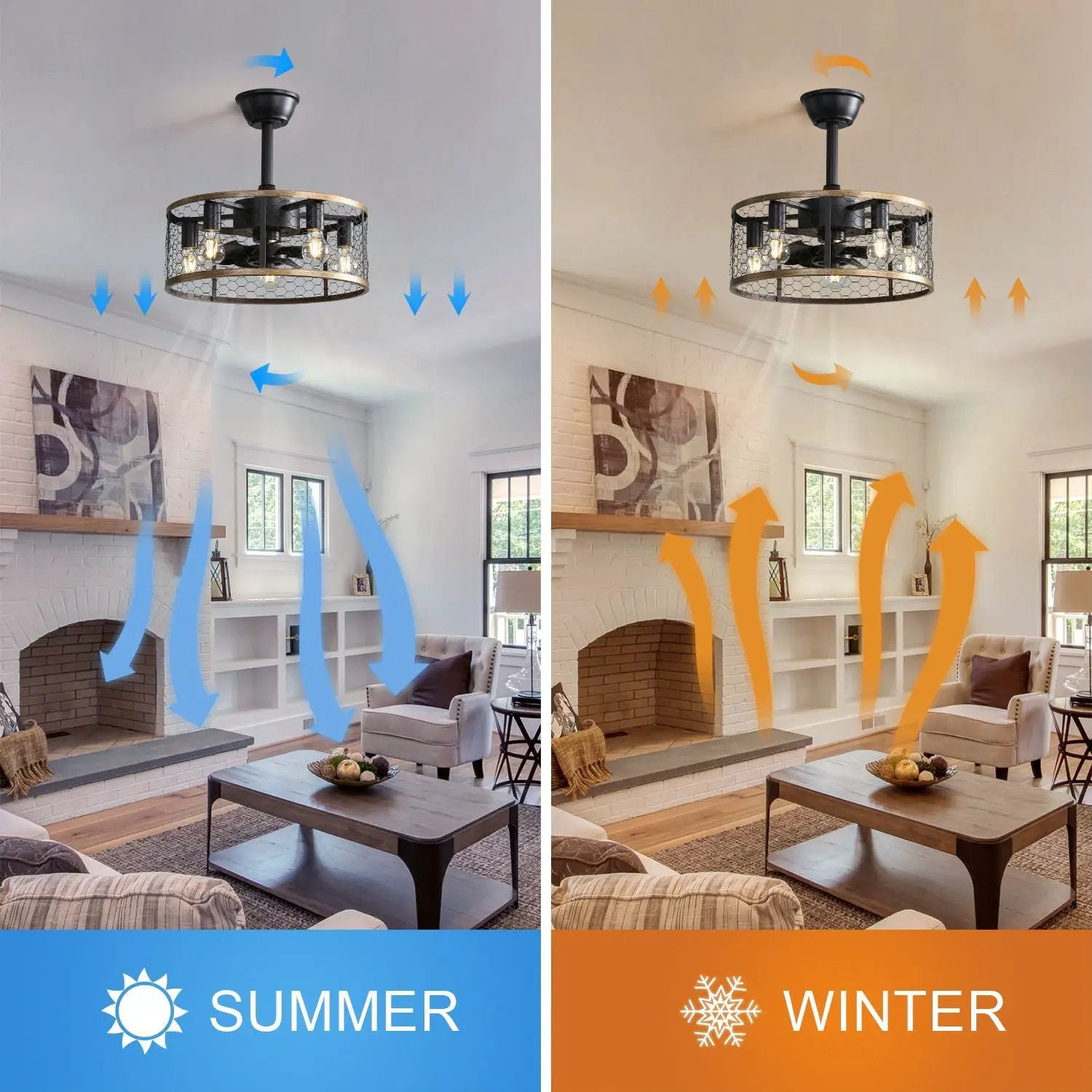 20" Industrial Caged Ceiling Fan With 7 - ABS Blades Remote Control, Small Ceiling Fan Reversible DC Motor - Black by Unique Piece Furniture