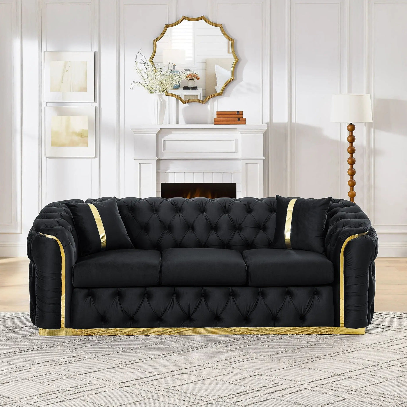 Button Tufted Couch With 2 Pillows, 3 Seater Luxury Chesterfield Sofa by Unique Piece Furniture