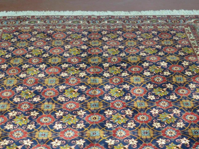 Navy Blue Antique Persian Rug 7x11, Veramin Mina Khani Repeated Allover Pattern, Vintage Authentic Hand Knotted Handmade Wool Room Sized Carpet by Jewel Rugs