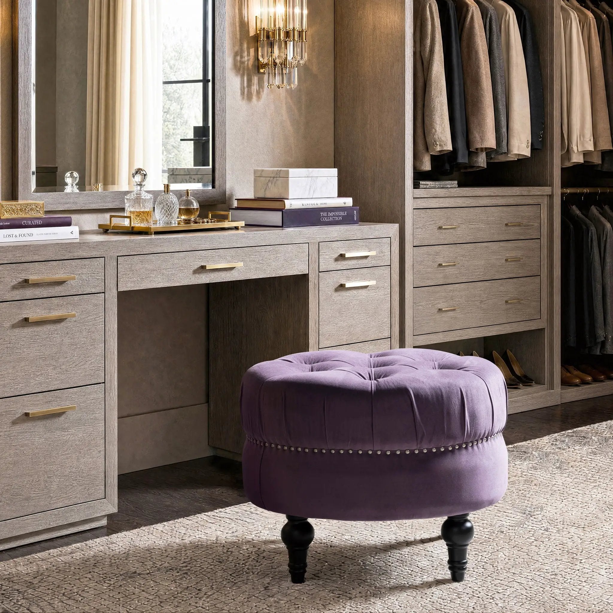 Dawn - Tufted Round Ottoman Nailhead Accents - Purple by Unique Piece Furniture