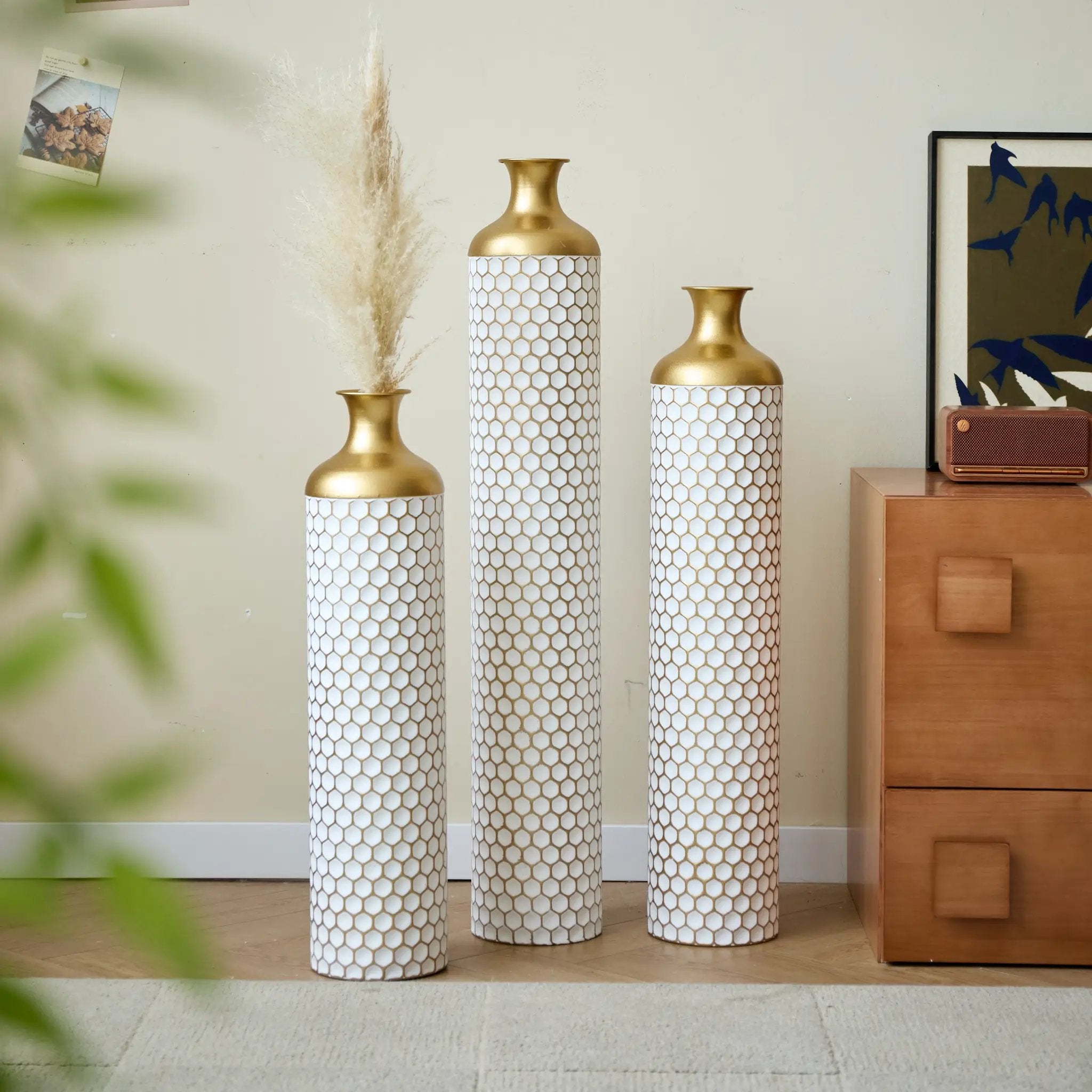 3-Piece Modern Metal Vase Set - White & Gold by HouseOfZazla