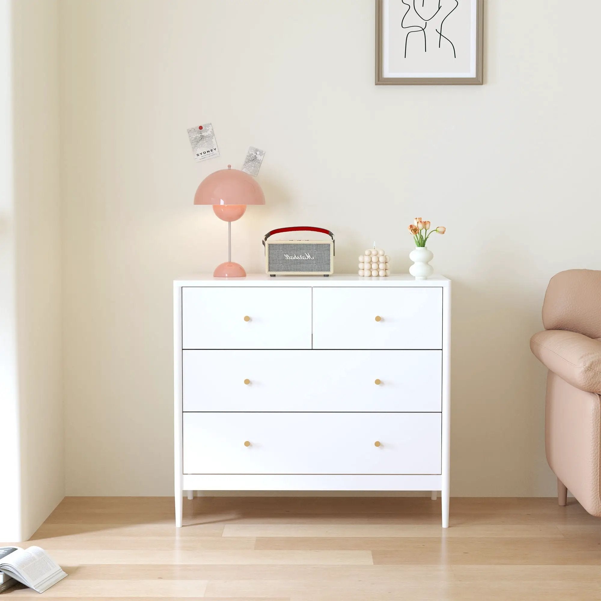 4 Drawer Kids Dresser With Antique Brass Pulls - White by HouseOfZazla