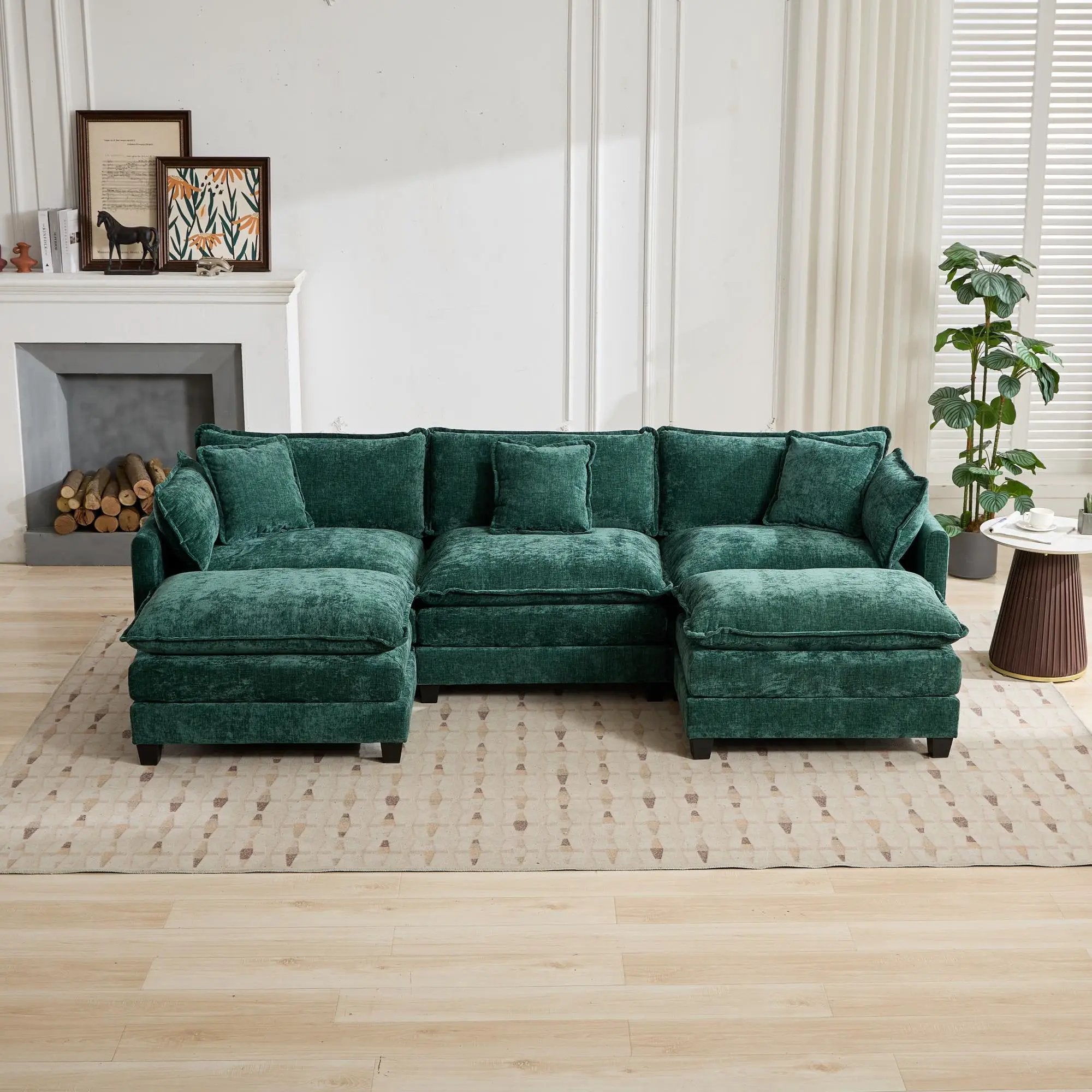 Cloud 3 Seats Sofa (Ottoman is not included) Chenille Fabric in Green by BLAKHOM