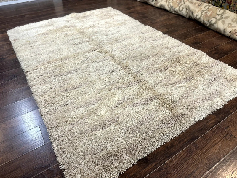 European Rya Shag Rug 6.6 x 9.7, Beige, Fluffy Vintage Area Rug by Jewel Rugs