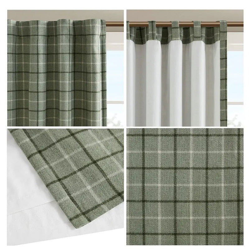 Plaid Rod Pocket and Back Tab Curtain Panel with Fleece Lining Green 50x84 by HouseOfZazla