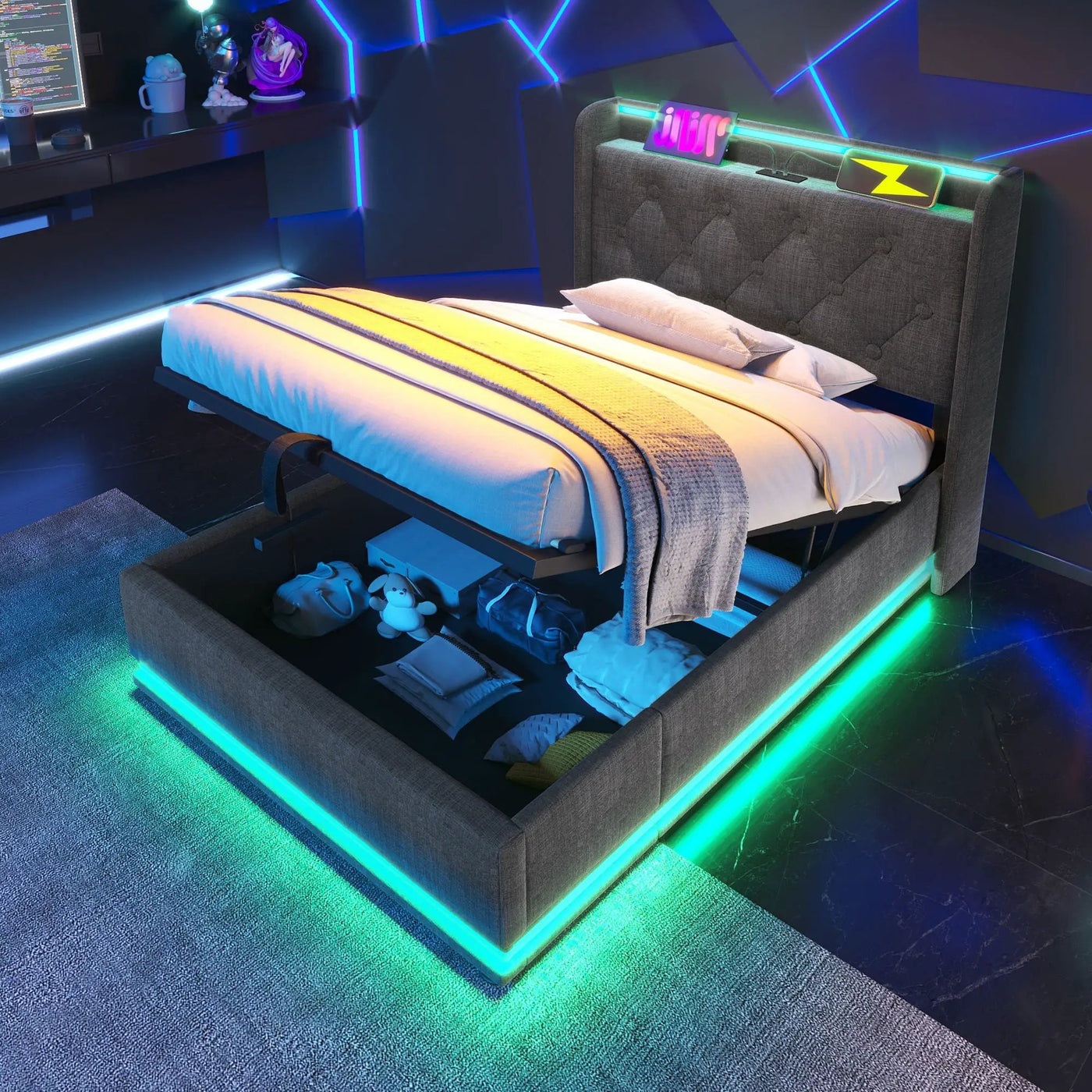 Upholstered Bed, 360 Surround LED Function, Remote Control, Hydraulic Storage Bed With USB, Type-C Charging (Without Mattress) by Unique Piece Furniture