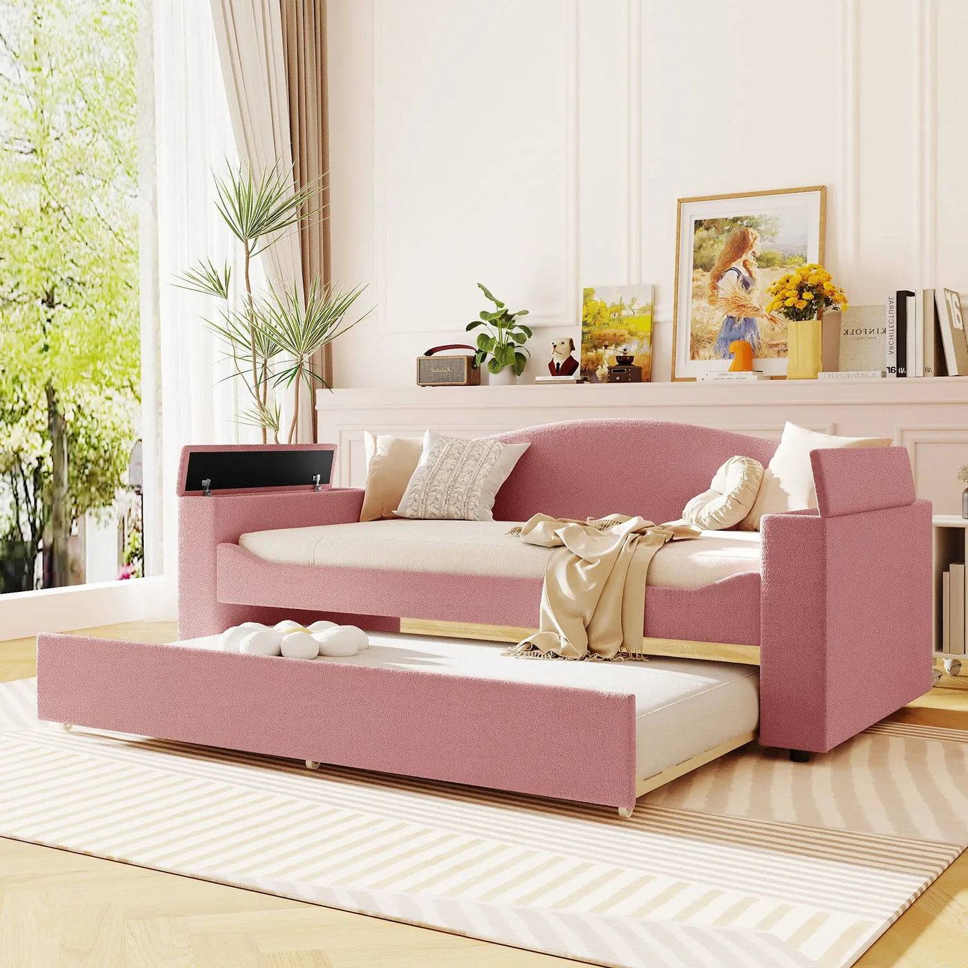 Upholstered Daybed With Storage Armrests, Trundle And Latest Integrated tooth Audio System by HouseOfZazla