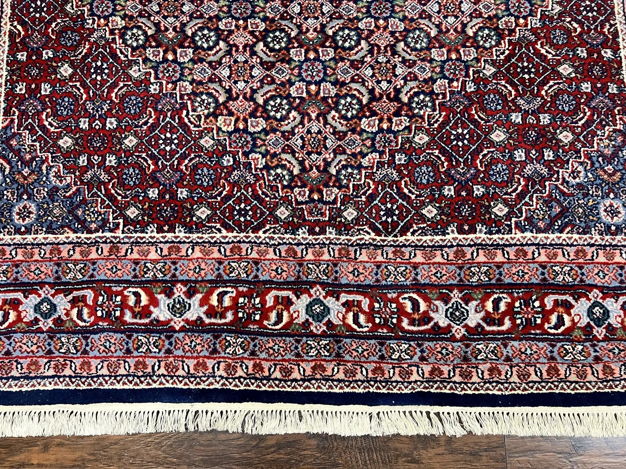 Indo Persian Rug 7x10, Dark Blue and Red Hand Knotted Wool Vintage Oriental Carpet 7 x 10 ft, Handmade Bidjar Rug, Herati Pattern Indian Rug by Jewel Rugs