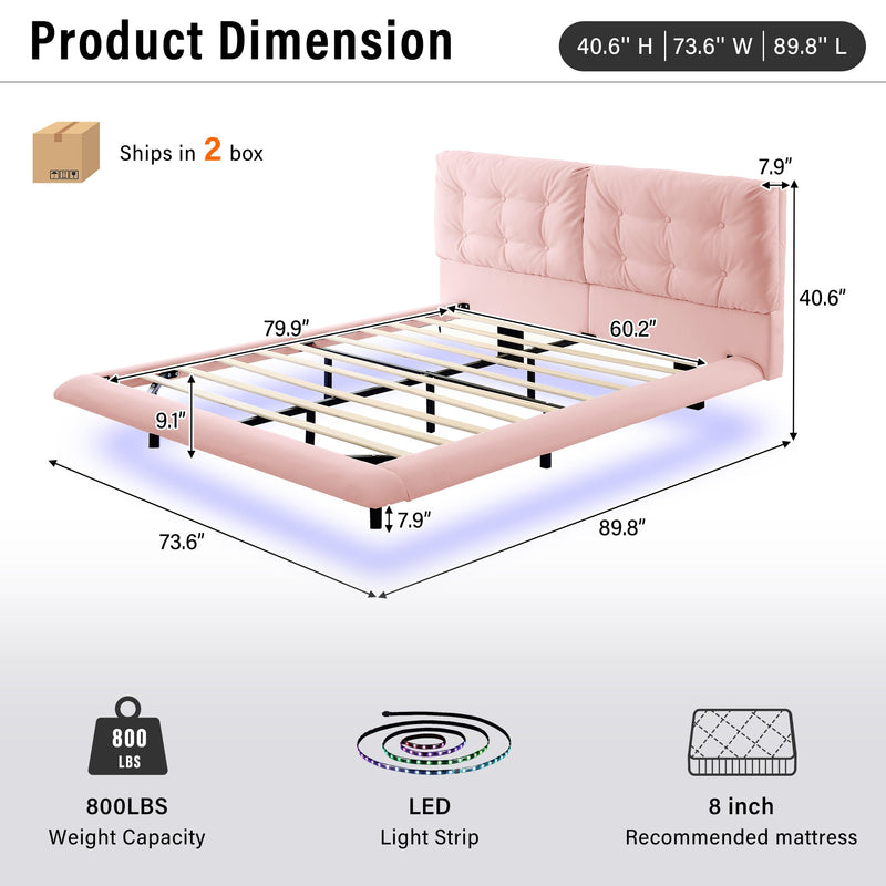 Queen Size Upholstered Floating Bed Frame with LED Lights by HouseOfZazla