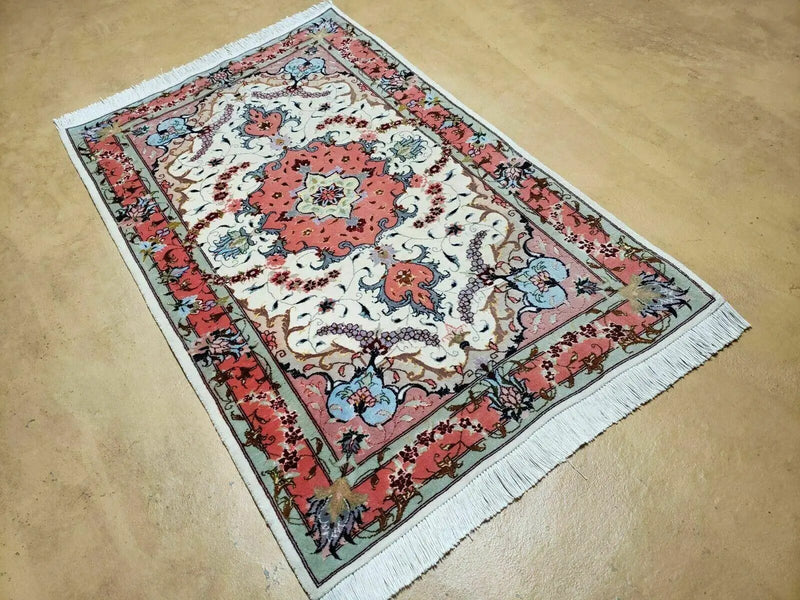 Small Vintage Persian Tabriz Wool and Silk Rug 2.5 x 4 ft, Very Finely Hand Knotted, Medallion, Ivory Salmon Light Blue, Top Quality, Pair A by Jewel Rugs