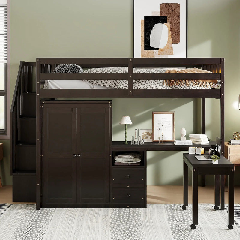 Loft Bed With Stairs, Bookshelf, Drawers, Desk & Wardrobe, Space Saving Multifunctional Furniture by Unique Piece Furniture