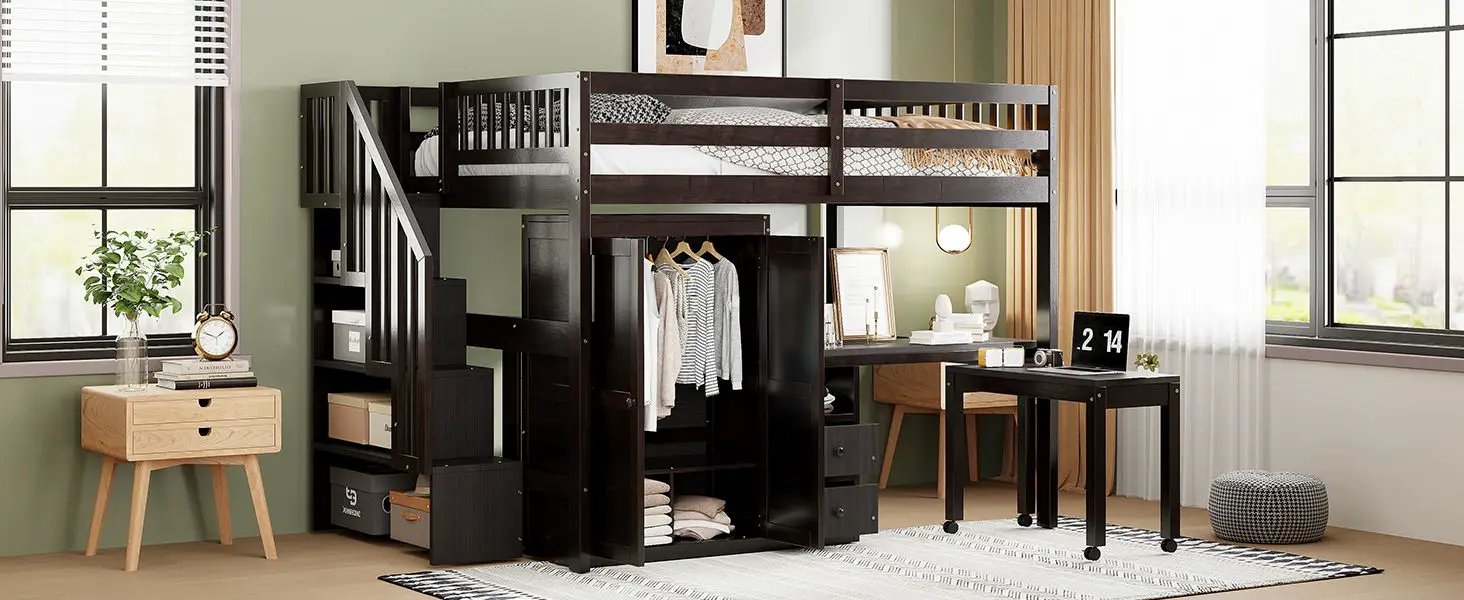 Loft Bed With Stairs, Bookshelf, Drawers, Desk & Wardrobe, Space Saving Multifunctional Furniture by HouseOfZazla