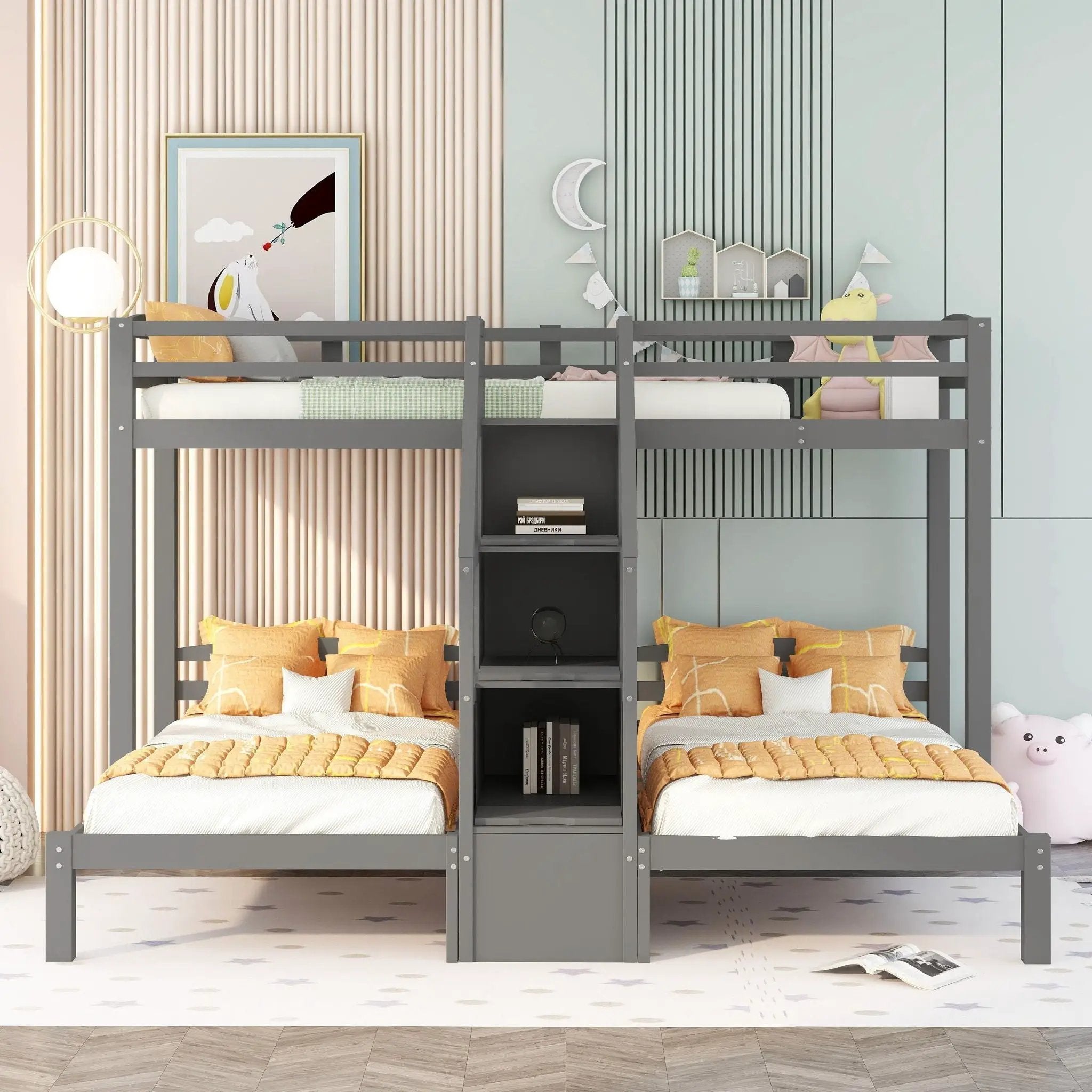 Twin Over Twin & Twin Bunk Bed With Built In Staircase And Storage Drawer - Gray by Unique Piece Furniture