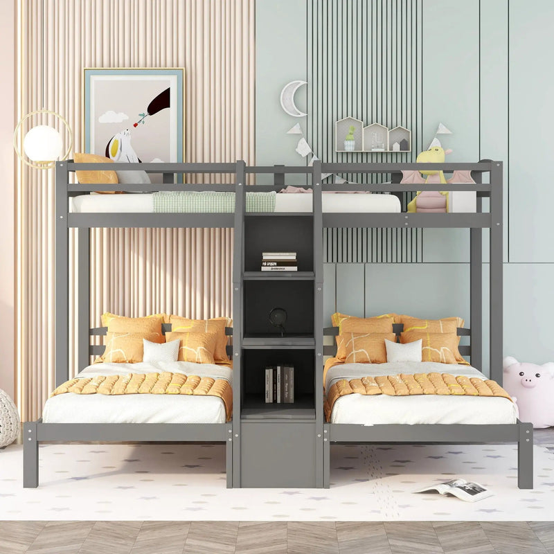 Twin Over Twin & Twin Bunk Bed With Built In Staircase And Storage Drawer - Gray by Unique Piece Furniture