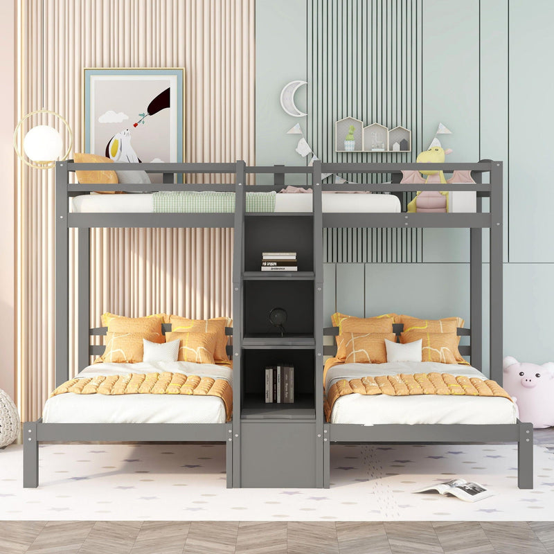 Twin Over Twin & Twin Bunk Bed with Built-In Staircase and Storage Drawer - Gray, photo 8 of 11
