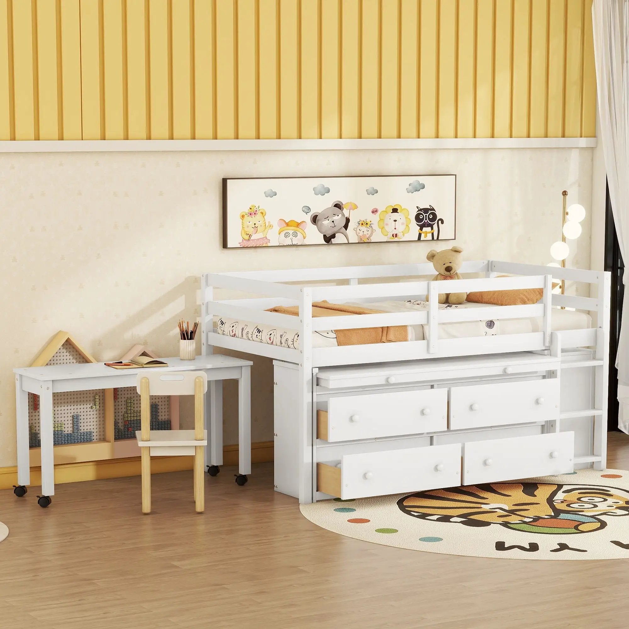 Loft Bed With Retractable Writing Desk And 4 Drawers, With Lateral Portable Desk And Shelves by HouseOfZazla