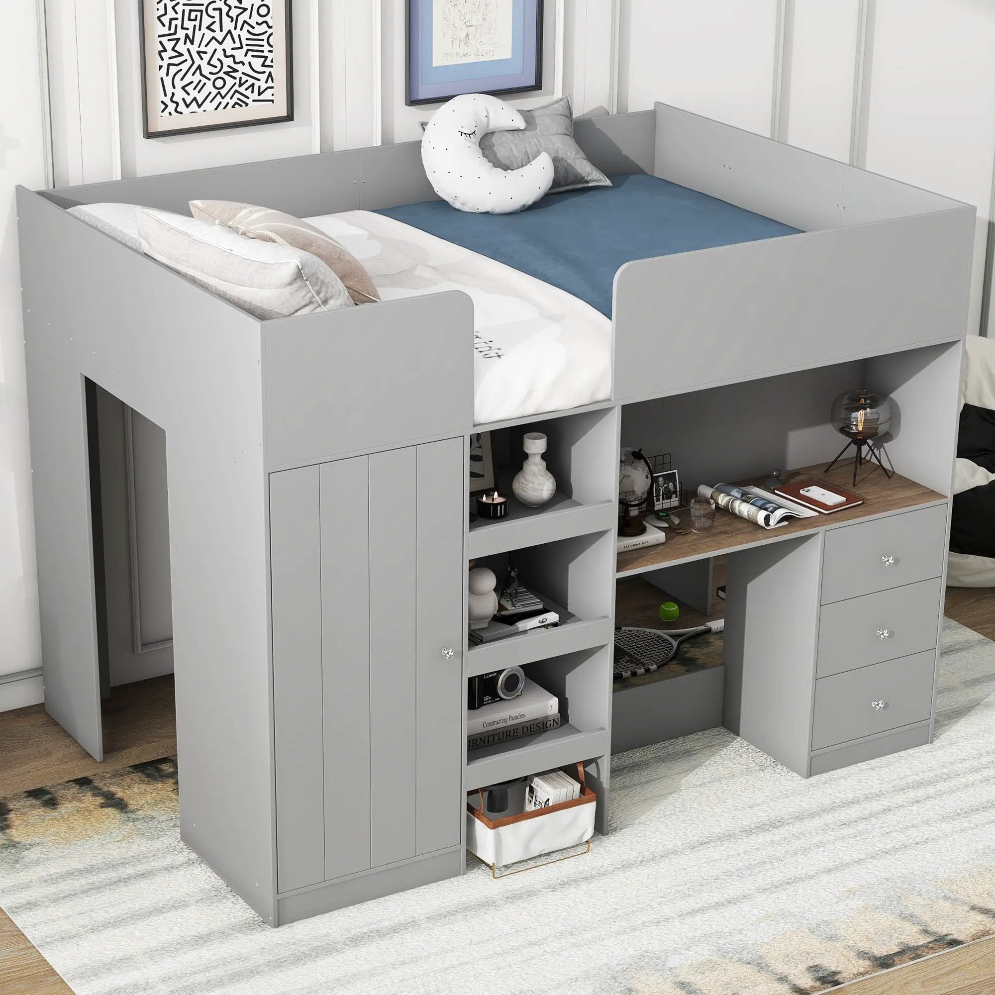 Loft Bed With Built In Wardrobe, Desk, Shelves, And Drawers by HouseOfZazla