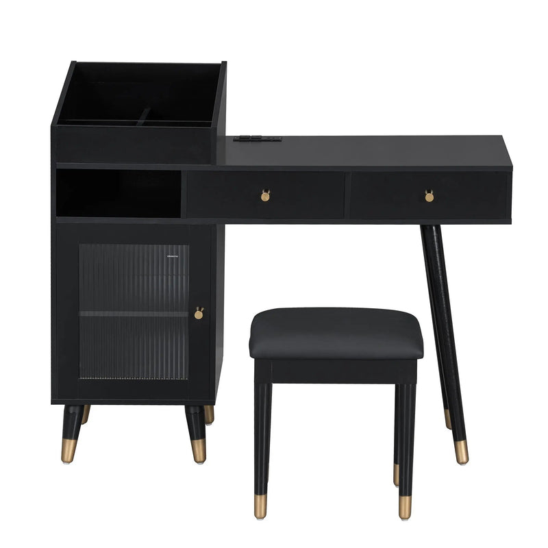 Modern Makeup Vanity Desk With Drawers Cabinet & Charging Port Engineered Wood Space Saving Design For Small Places - Black by HouseOfZazla
