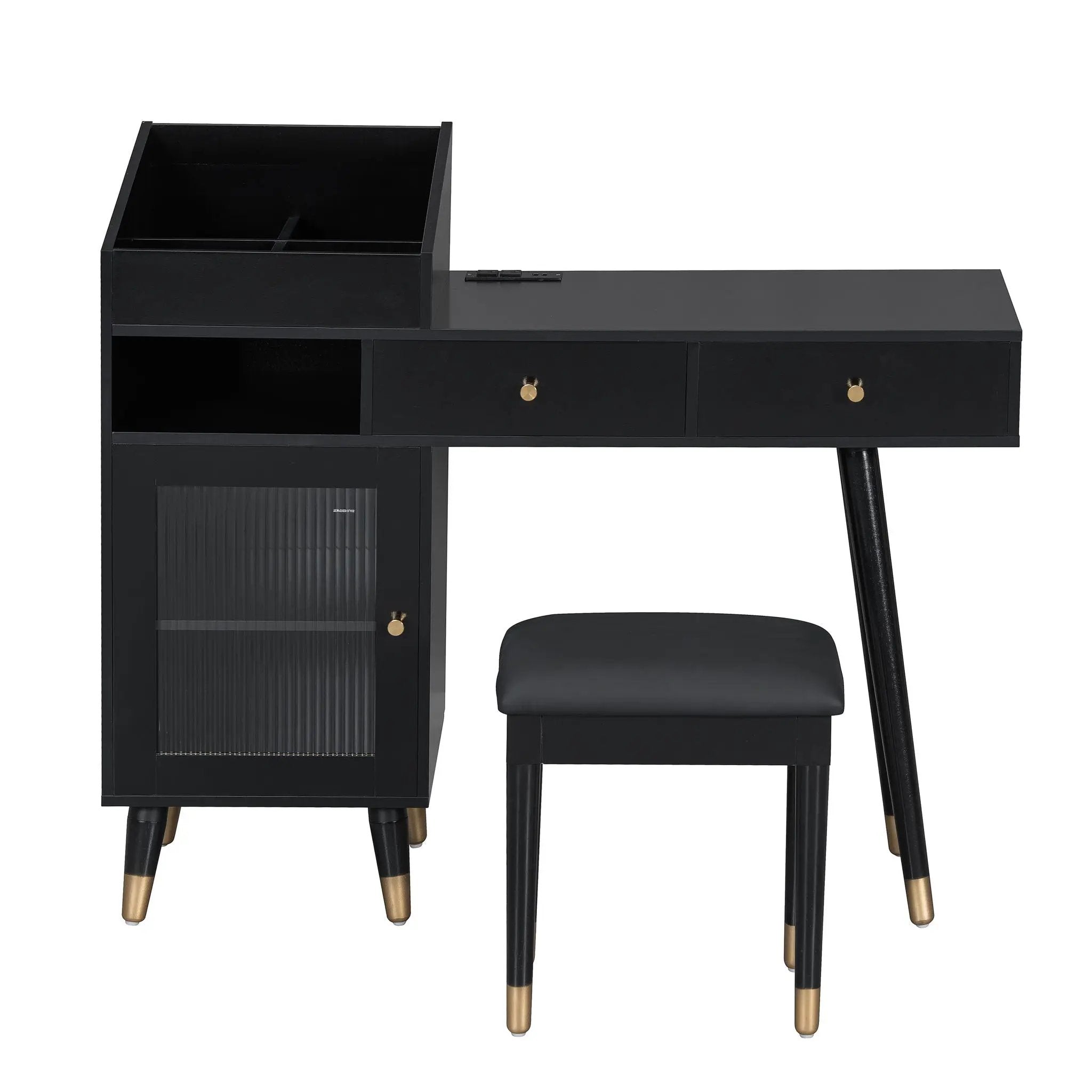 Modern Makeup Vanity Desk With Drawers Cabinet & Charging Port Engineered Wood Space Saving Design For Small Places - Black by Unique Piece Furniture