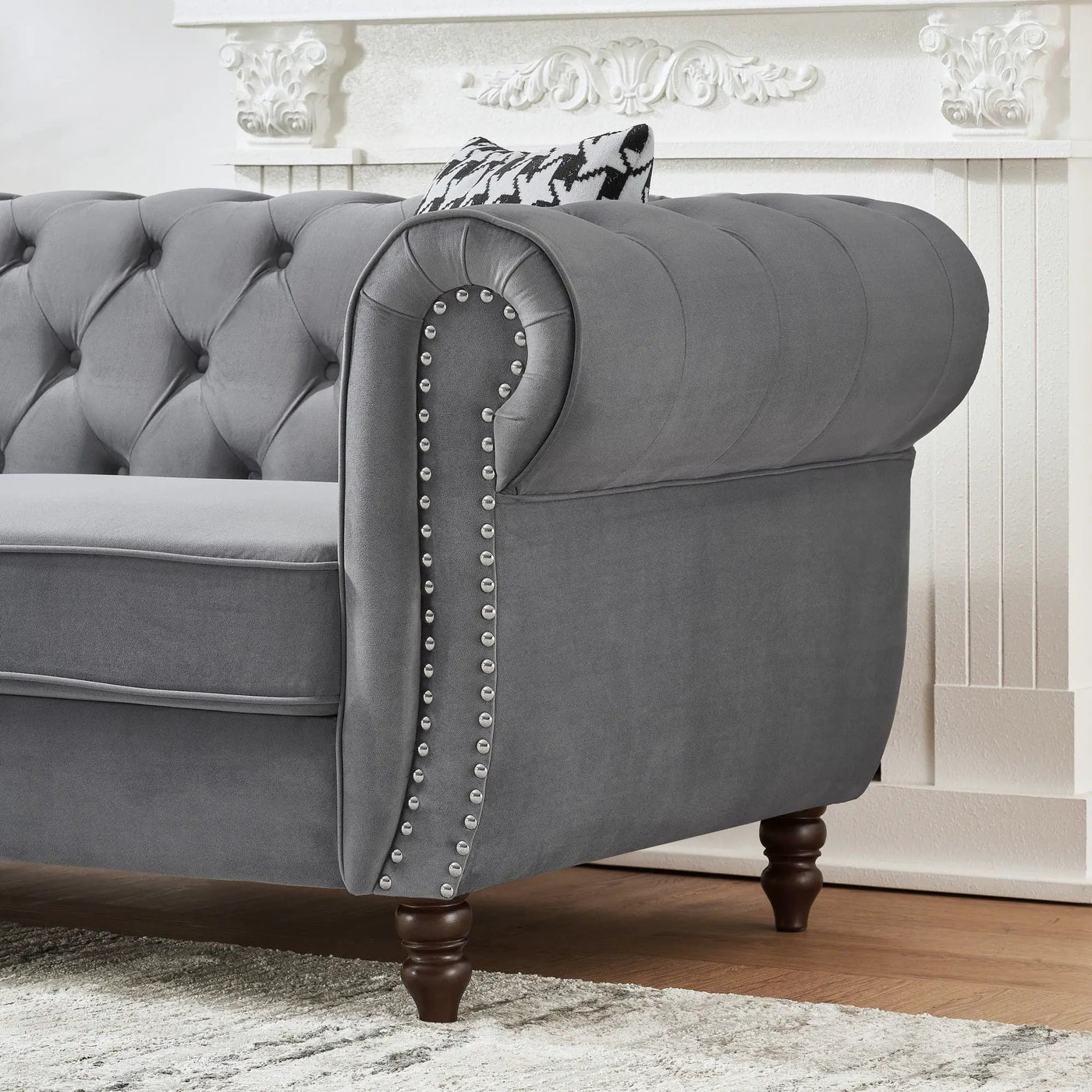 Chesterfield Upholstery Fabric Sofa With Roll Armrest & Nailhead, Mid Century Modern 3 And 3 Seater Couch by HouseOfZazla