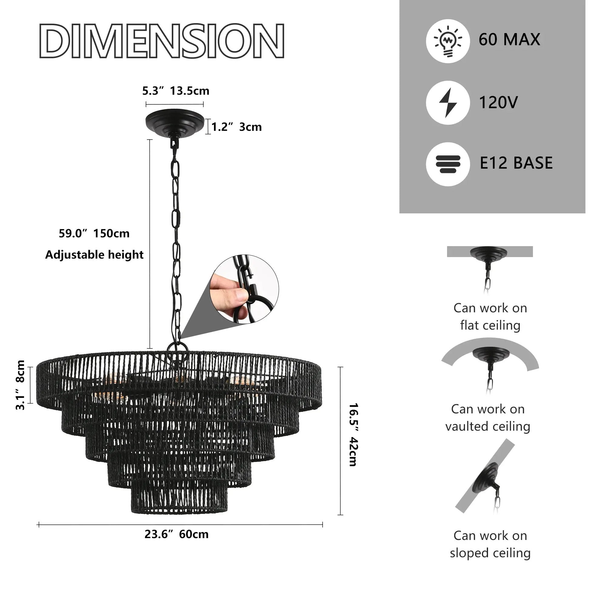 24' Rustic 5-Tier Black Hemp Rope Pendant Light Chandelier by HouseOfZazla