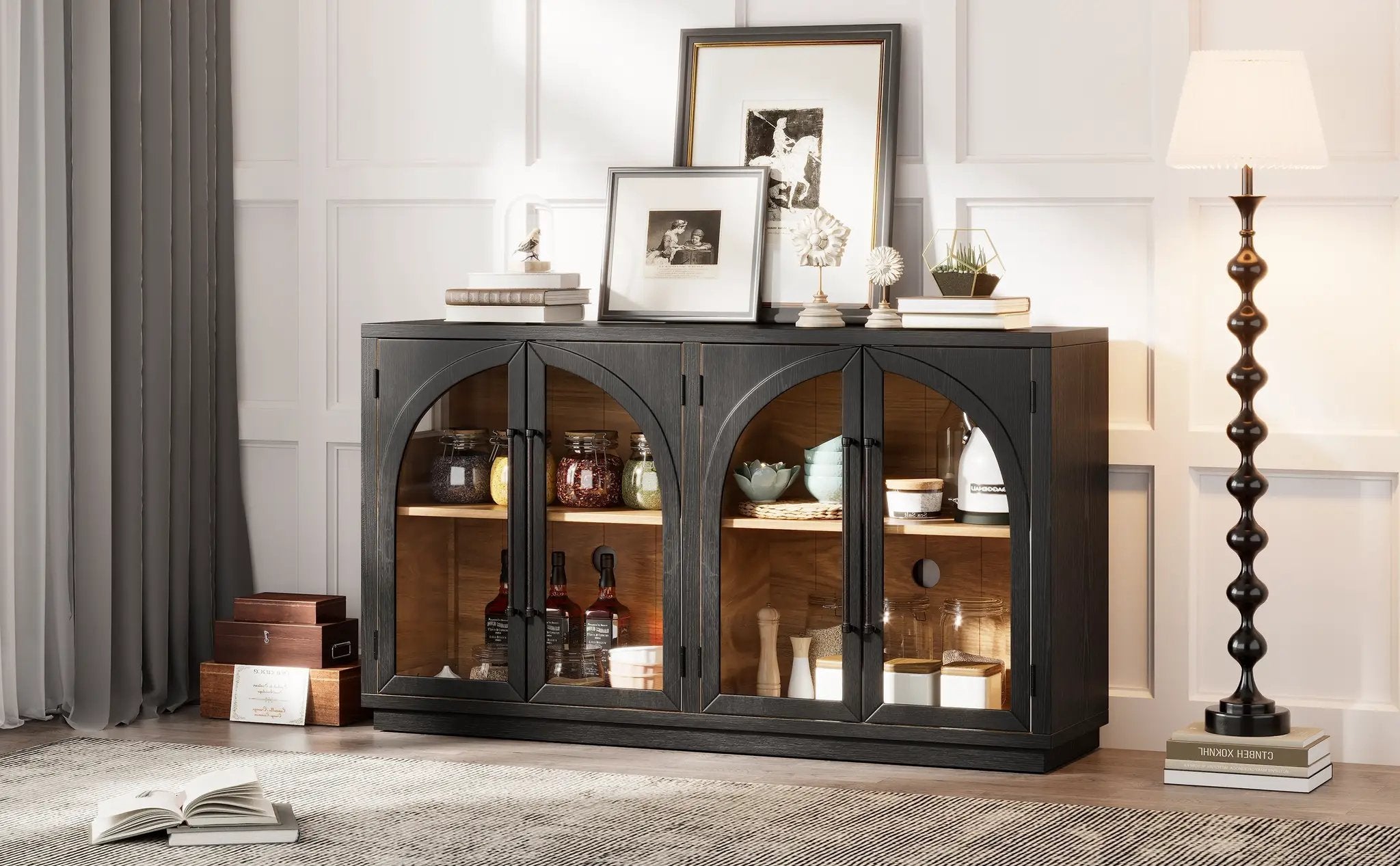 4-Door Large Storage Sideboard Buffet Cabinet with Glass Doors Arched Cabinet (Black) by HouseOfZazla