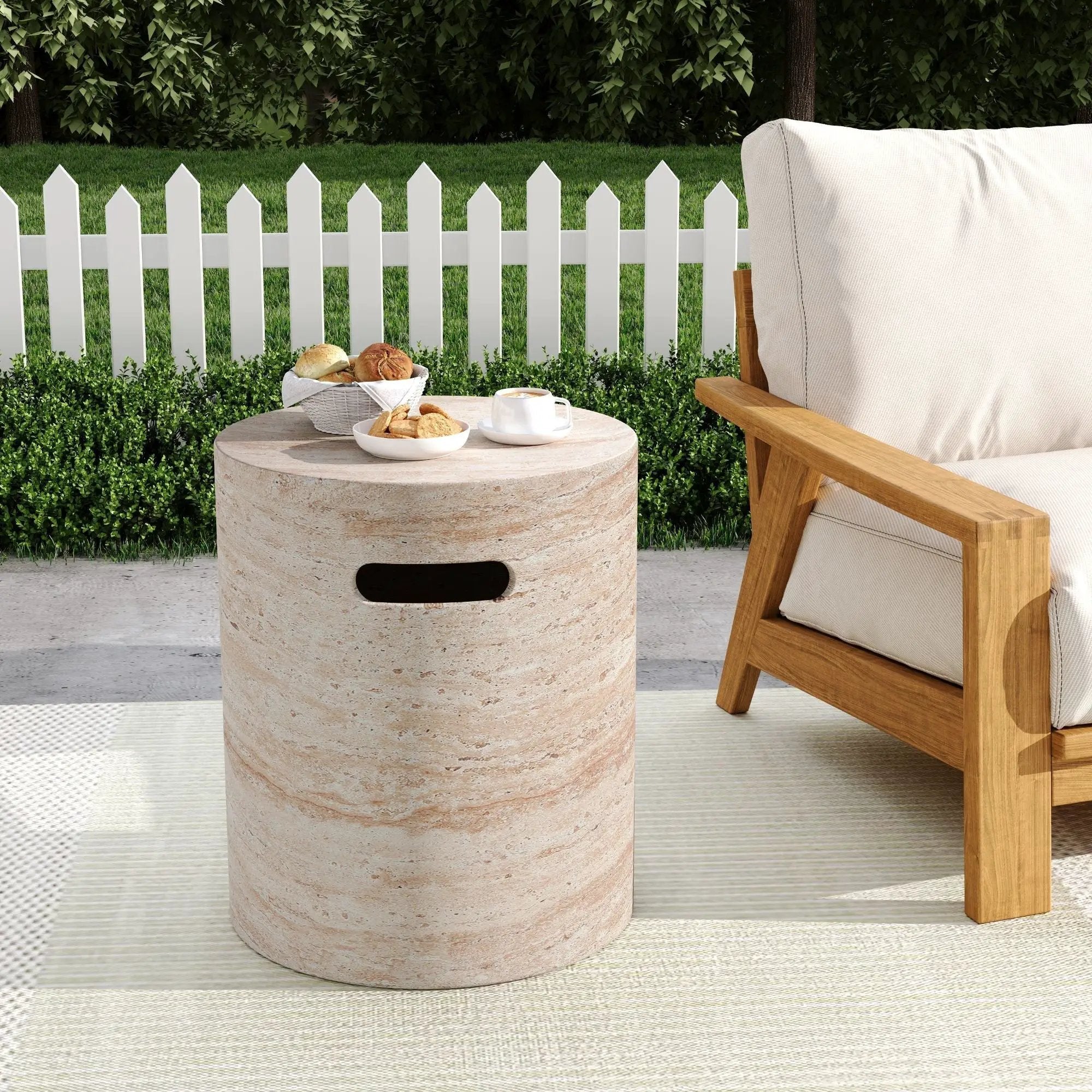 Modern Concrete Side Table With Travertine, Indoor / Outdoor Use - Beige by HouseOfZazla