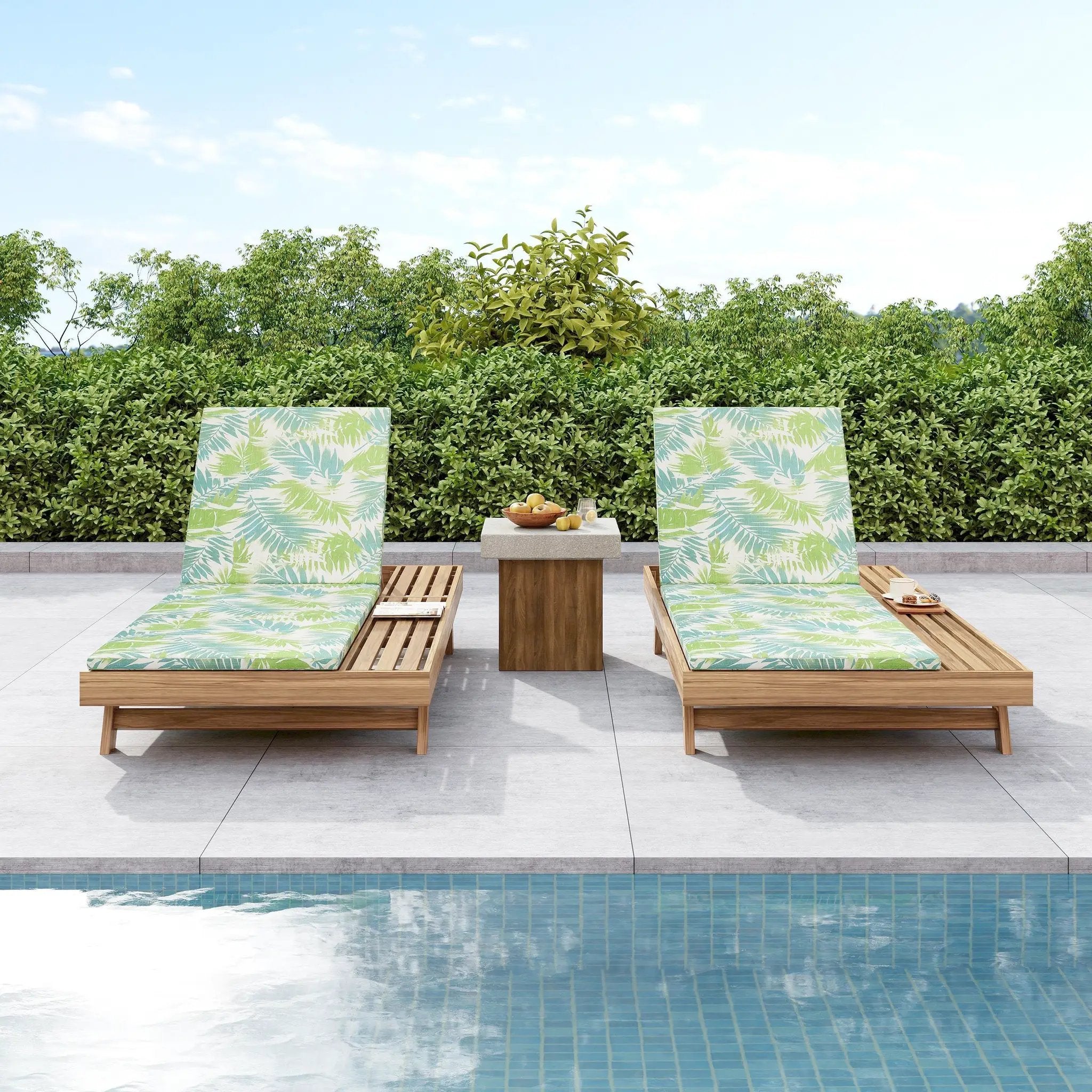 Lounge Chaise Set, Space Available On One Side, Acacia Wood In light brown With Water-Resistant Lounge Cushions (Leaf Coconut & 2 Inch Thick) – Matching Cream/Dark Grey Version Available by HouseOfZazla